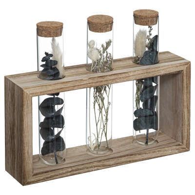 Vaza cu eprubete in suport de lemn cu flori uscate 21 x 5 x 17,2 cm 179231