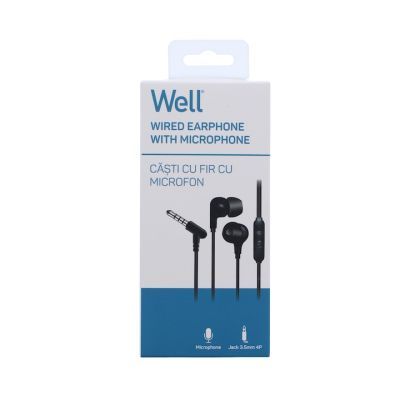 Casti In-Ear cu fir Well, microfon, jack 3.5mm, EP301, negru