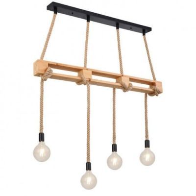 Corp suspendat, metal negru, lemn natur, funie canepa maro 4 brate 69029-4p