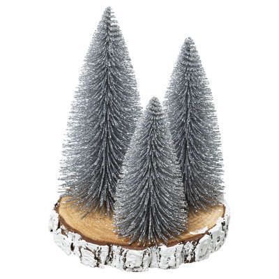 Decoratiune de Craciun 3 brazi argintii pe suport de lemn 15 x 20 cm 176319