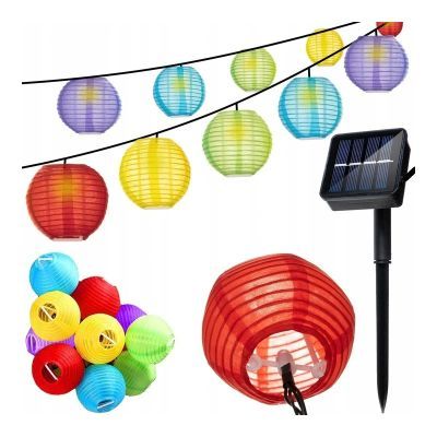 Ghirlanda solara, lampioane chinezesti, LED, 2V, 10 buc, 2 moduri iluminare, IP44, 7.5 cm, 3 m