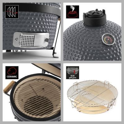 Gratar de gradina cu carbuni 55 cm cu capac si ceas de temperatura 2 niveluri de gatit Kamado 572