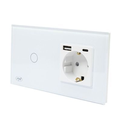 Intrerupator simplu din sticla cu touch combinat cu priza schuko si mufe USBPNI SH115W