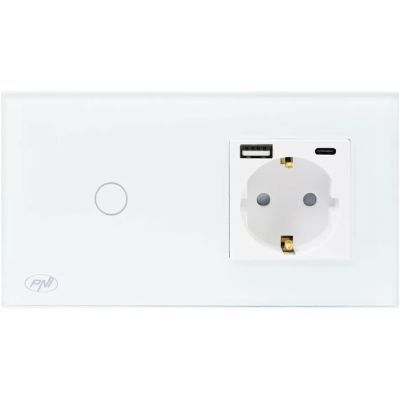 Intrerupator simplu din sticla cu touch combinat cu priza schuko si mufe USBPNI SH115W