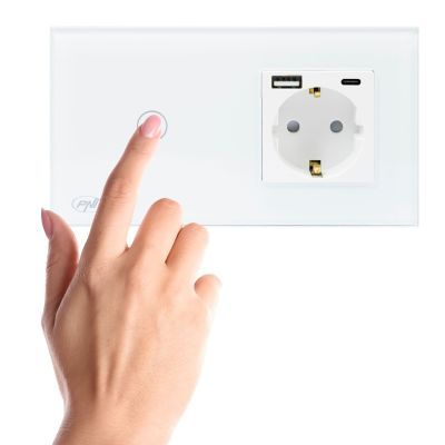 Intrerupator simplu din sticla cu touch combinat cu priza schuko si mufe USBPNI SH115W