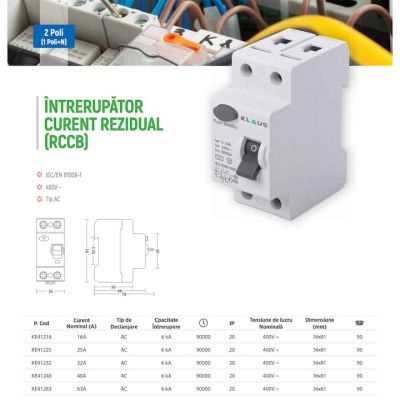 KE41225 Klaus intrerupator/disj rccb 6KA 1P+N 25A 30MA AC KE41225 Klaus intrerupator/disj rccb 6KA 1P+N 25A 30MA AC