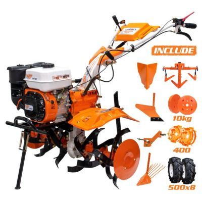 Motosapatoare Ruris 731ACC1+ROTI CAUCIUC5.00-8+RARITA+PLUG+ADAPTOR+DISPOZITIV scos cartofi+ROTI metalice 400 fara MANICOT+CULTIVATOR-SET contragreutati 10KG 7312021acc1