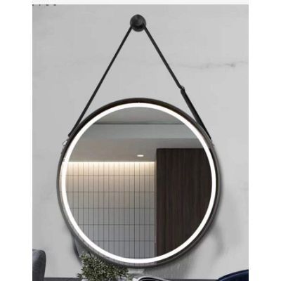 Oglinda LED rotunda cu curea de agatare, rama neagra 90