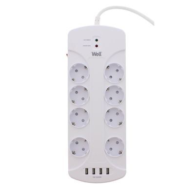 Prelungitor Well, 8 prize, 3m, 4x USB, cu protectie la suprasarcina si supratensiune, cablu 3x1.5mmp EXTS-8S3M-PROT/USB4-WL