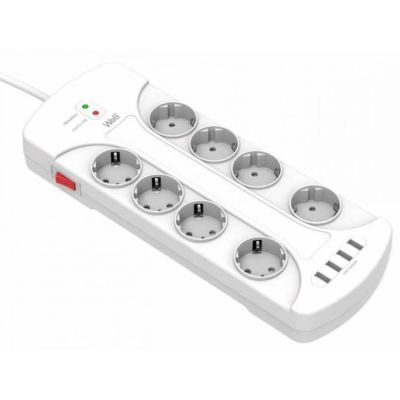 Prelungitor Well, 8 prize, 3m, 4x USB, cu protectie la suprasarcina si supratensiune, cablu 3x1.5mmp EXTS-8S3M-PROT/USB4-WL