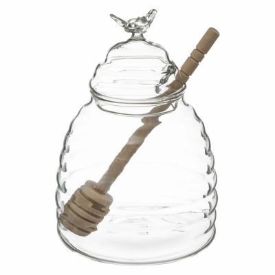 Recipient din sticla pentru miere cu lingura de stejar 160613