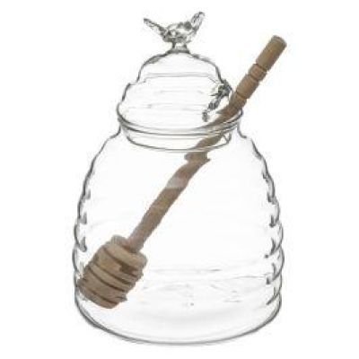 Recipient din sticla pentru miere cu lingura de stejar 160613