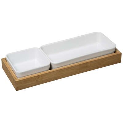 Set 2 boluri portelan pentru aperitive, suport din lemn de bambus, 28x10; 5x4.3 cm 173777