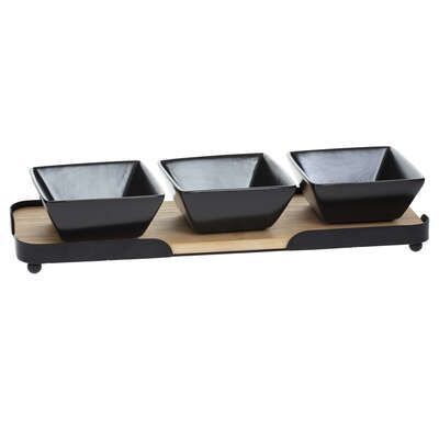 Set 4 piese pentru servire aperitiv, suport din Bambus cu cadru metalic Negru, 30x10x6 cm 160740