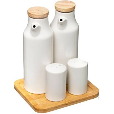 Set de ulei ceramic, otet, sare si piper Seramik cu suport de bambus 179613