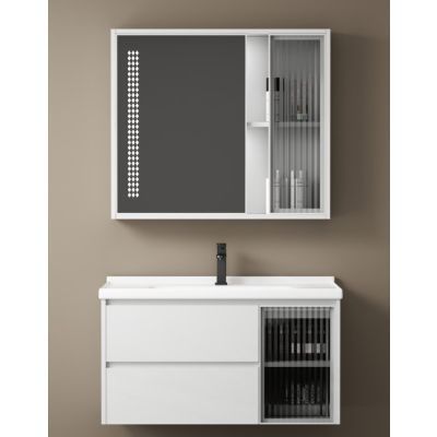 Set mobilier baie suspendat cu lavoar si dulap oglinda, alb 2505w