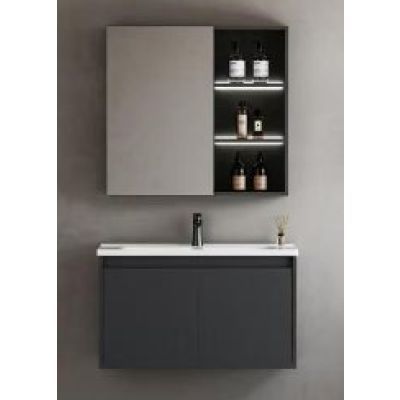 Set mobilier baie suspendat cu lavoar si dulap oglinda, antracit W60