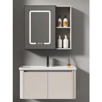 Set mobilier baie suspendat cu lavoar si dulap oglinda LED, crem A13