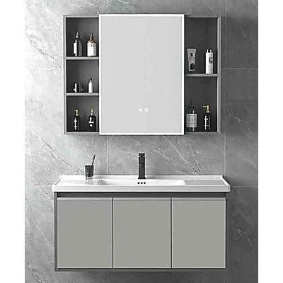 Set mobilier baie suspendat cu lavoar si dulap oglinda LED, gri A15