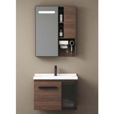 Set mobilier baie suspendat cu lavoar si dulap oglinda LED, maro K177