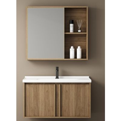 Set mobilier baie suspendat cu lavoar si dulap oglinda, lemn natur 25023H