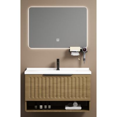 Set mobilier baie suspendat cu lavoar si oglinda LED, lemn natur K226