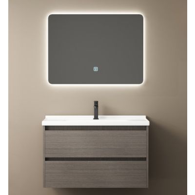 Set mobilier baie suspendat cu lavoar si oglinda LED, maro 2505B