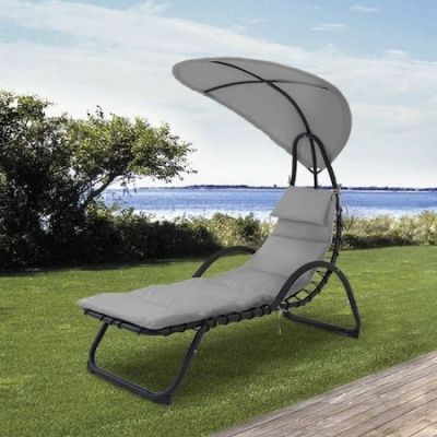 Sezlong pentru gradina cu protectie solara, saltea cu tetiera, 165x189x73 cm