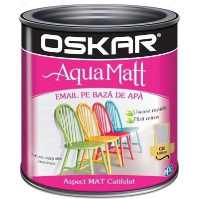 Vopsea pentru lemn / metal, Oskar Aqua Matt, interior / exterior, pe baza de apa, gri urban, 0.6 L