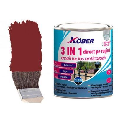 Vopsea alchidica pentru metal Kober 3 in 1, interior / exterior, rosu maro, 0.75 L