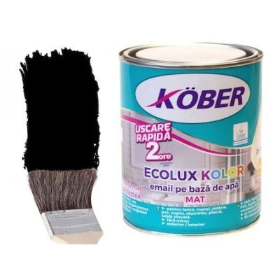 Vopsea pentru lemn / metal, Kober Ecolux Kolor, interior / exterior, pe baza de apa, mat, negru, 0.6 L
